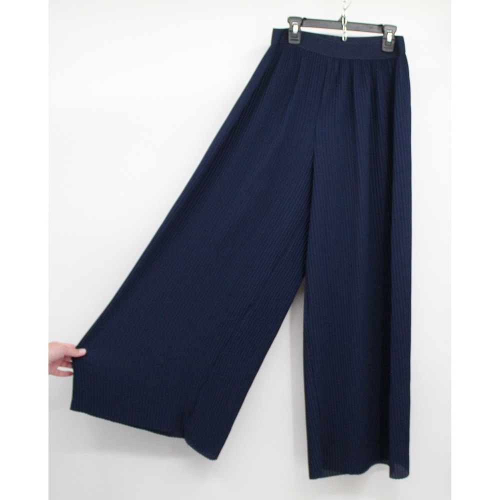 CalStyle Womens Navy Blue Pleated Wide Leg Pants Elastic Waist Accordion IM2099